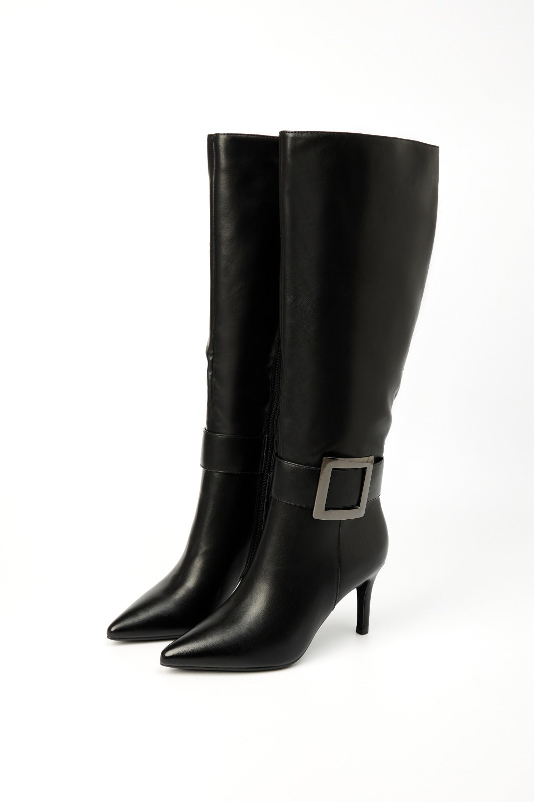 Bottes à bout pointu à talon aiguille avec grande boucle, Noir