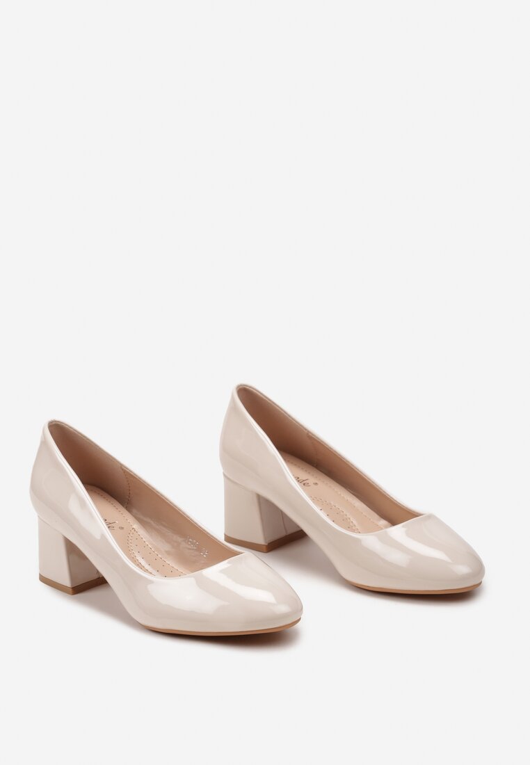 Escarpins à bout rond et talon Large, Beige Verni