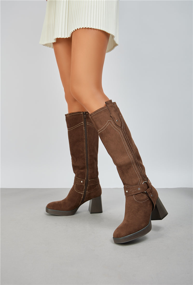 Biker Bottes plateforme à talons bloc, Marron
