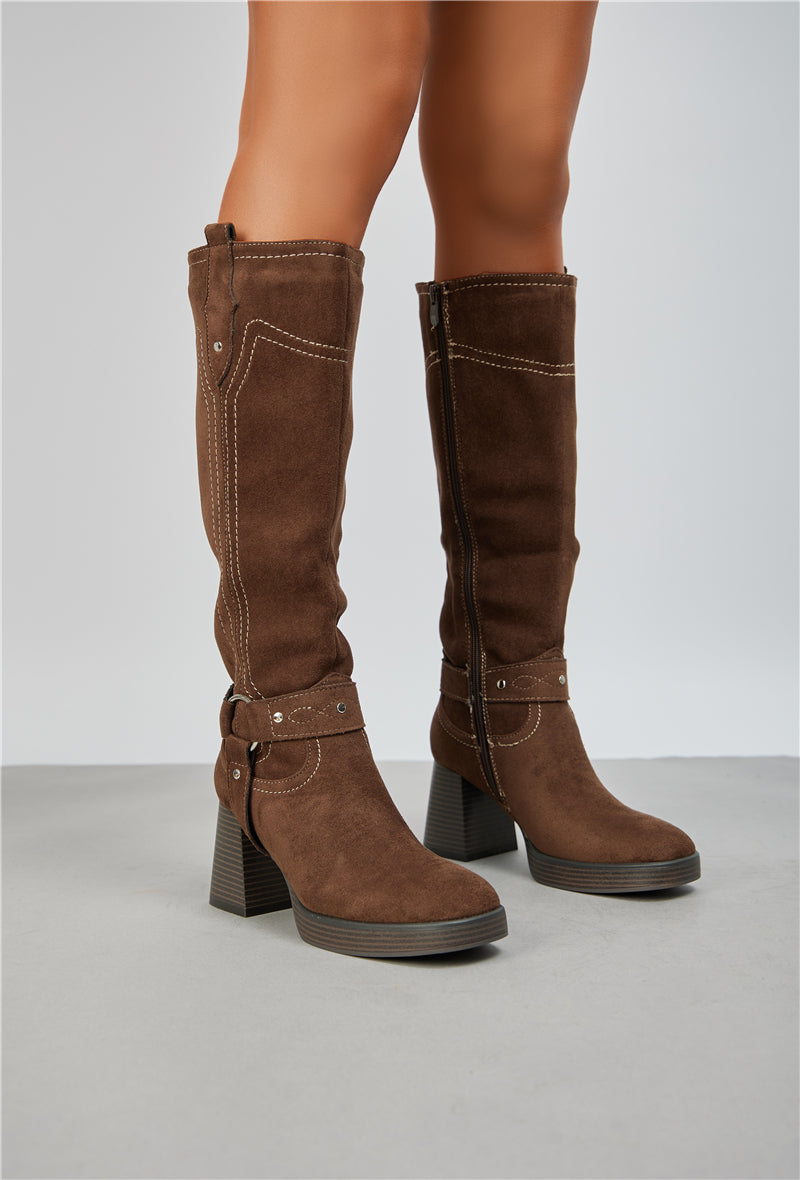 Biker Bottes plateforme à talons bloc, Marron