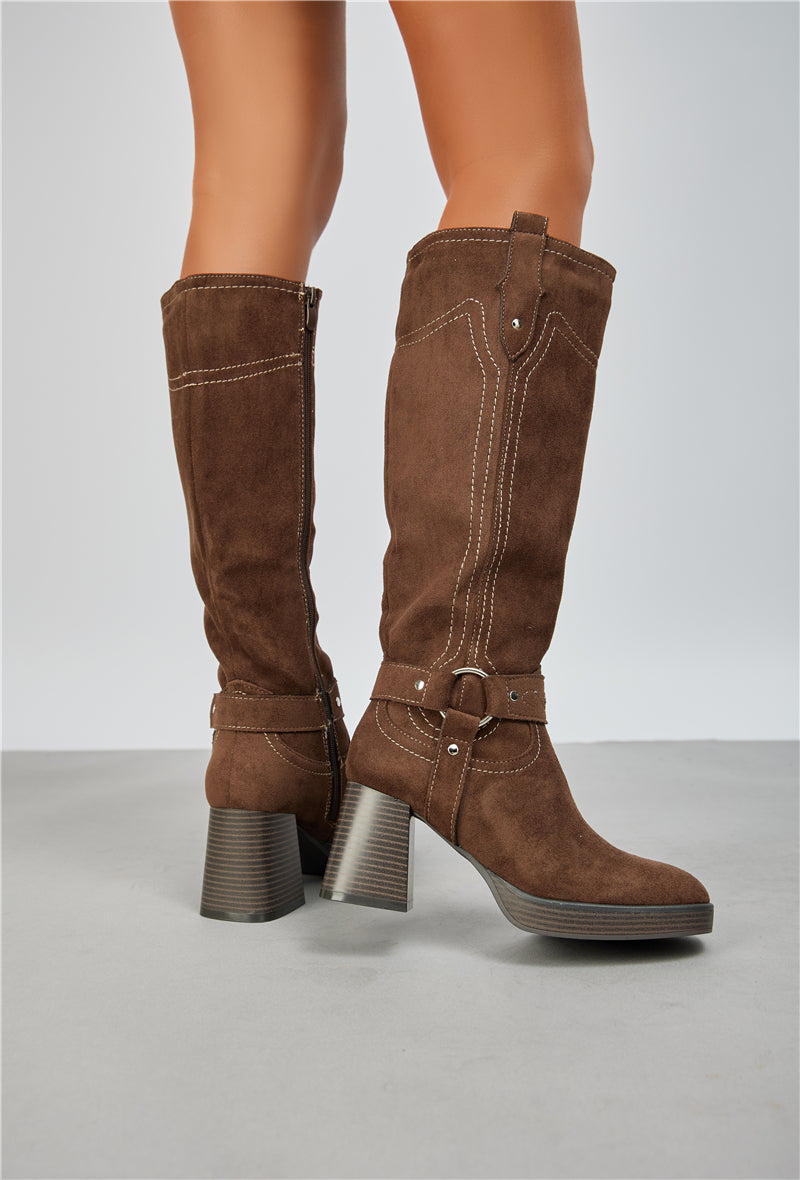 Biker Bottes plateforme à talons bloc, Marron