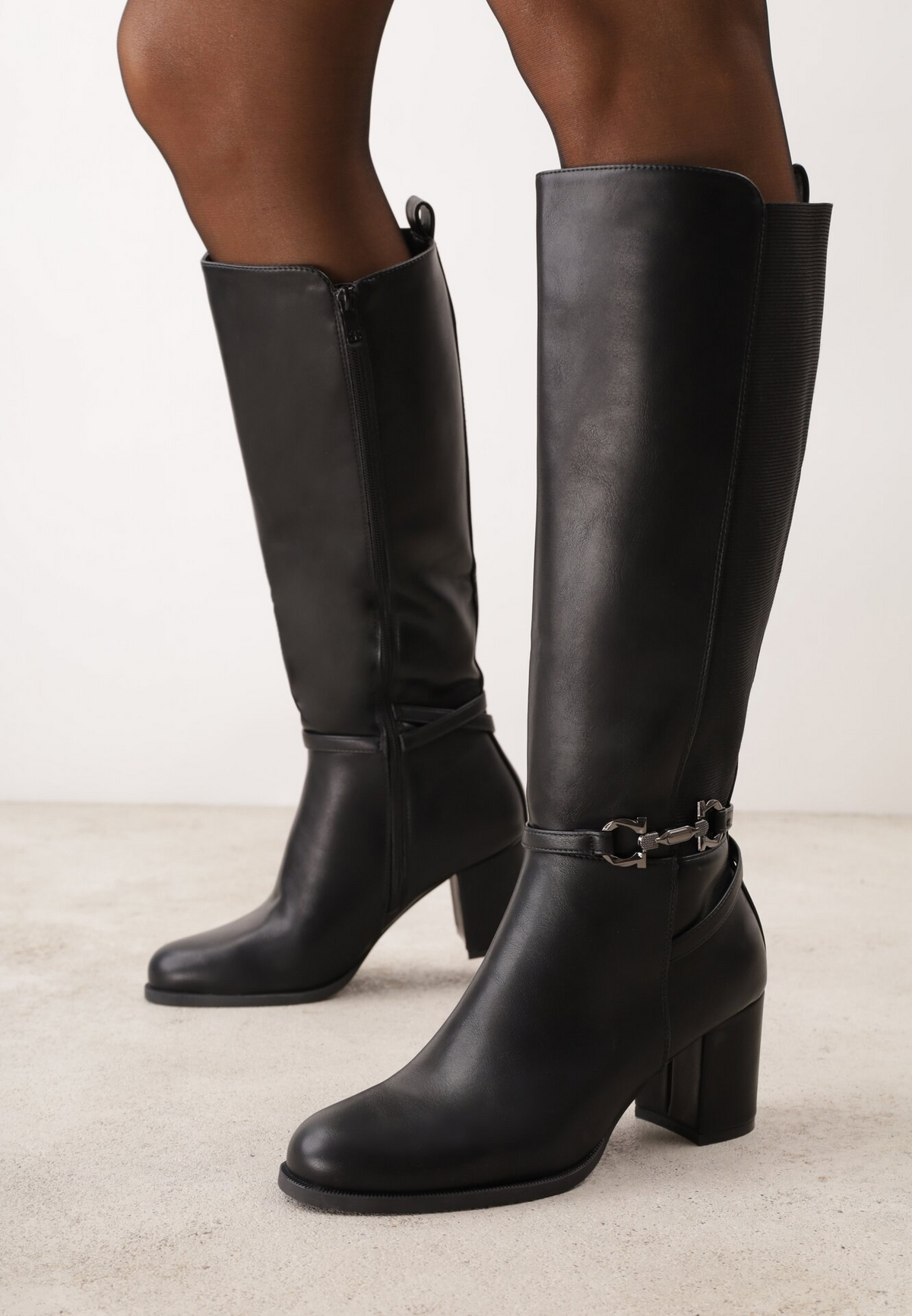 Bottes hautes à détail mors équestre et talon bloc - noir