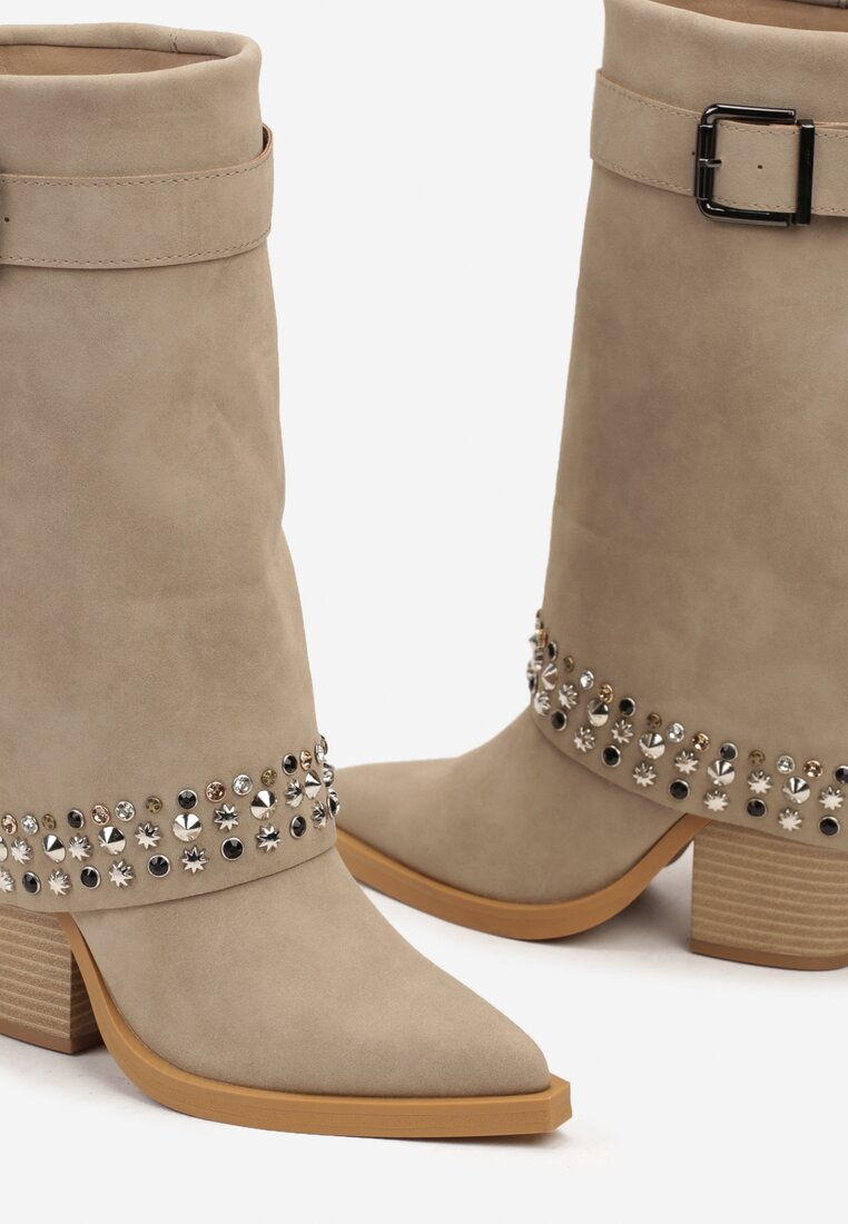 Bottines Santiags guêtres style Cowboy cloutés, Taupe