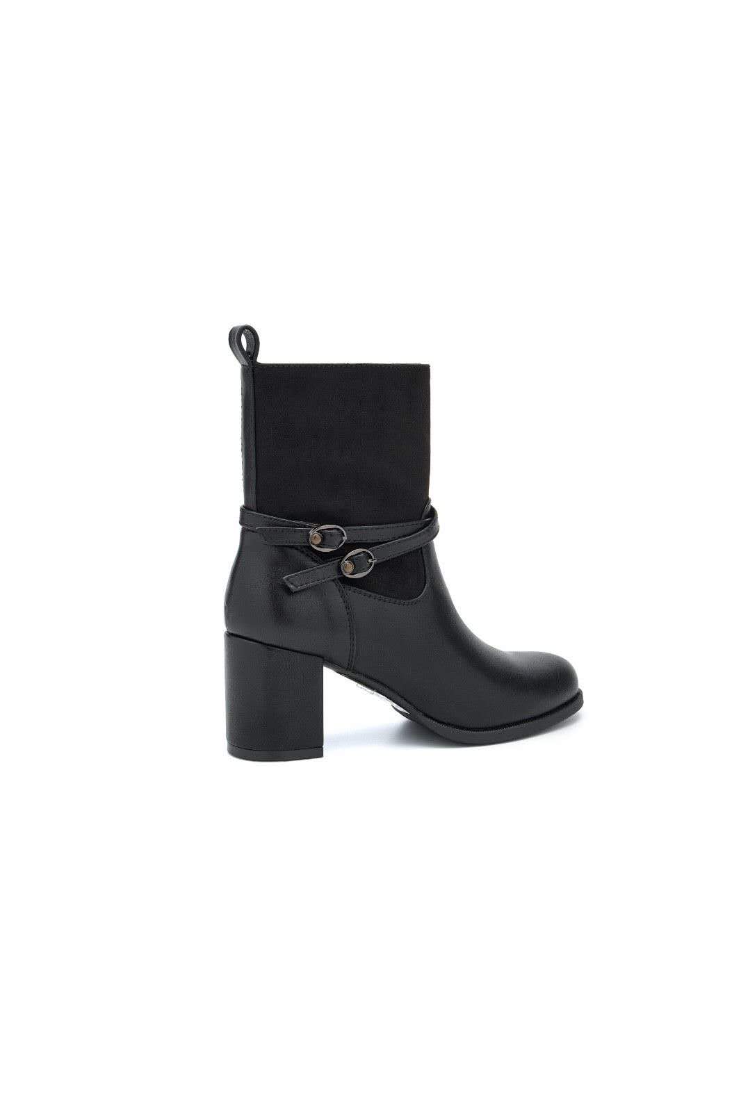 Bottines bi-matières à talon et brides croisées bouclées - noir