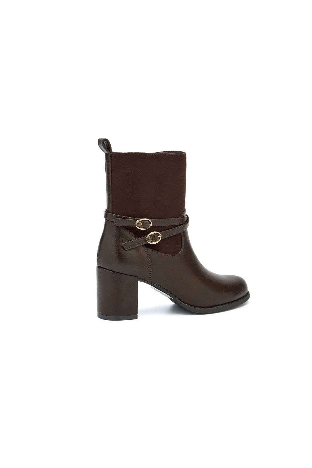 Bottines bi-matières à talon et brides croisées bouclées - marron