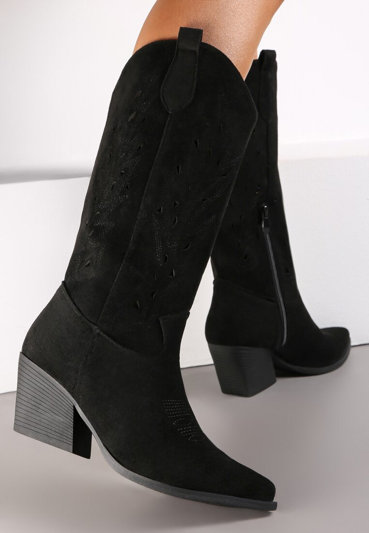 Bottes Santiags mi- mollet ajourée, Noir