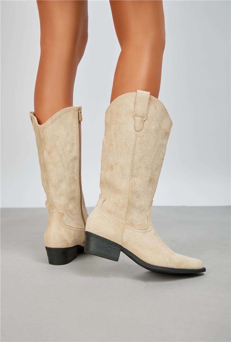 Bottes Santiags suédine style Cowboy, Beige