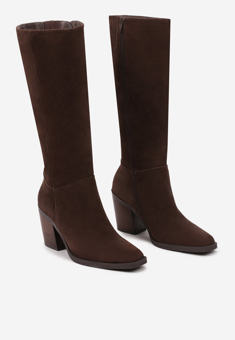 Bottes hautes cavalières à talon bloc, en cuir suédé - brown