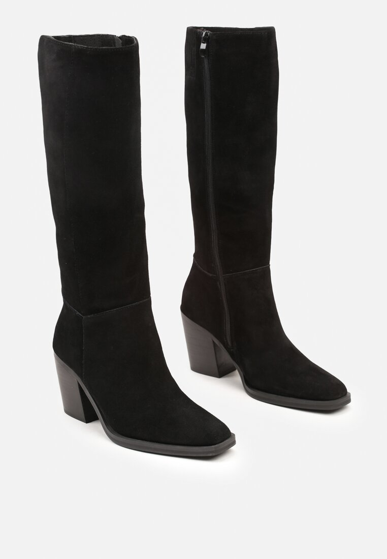 Bottes Noires à talon bloc, en cuir suédé