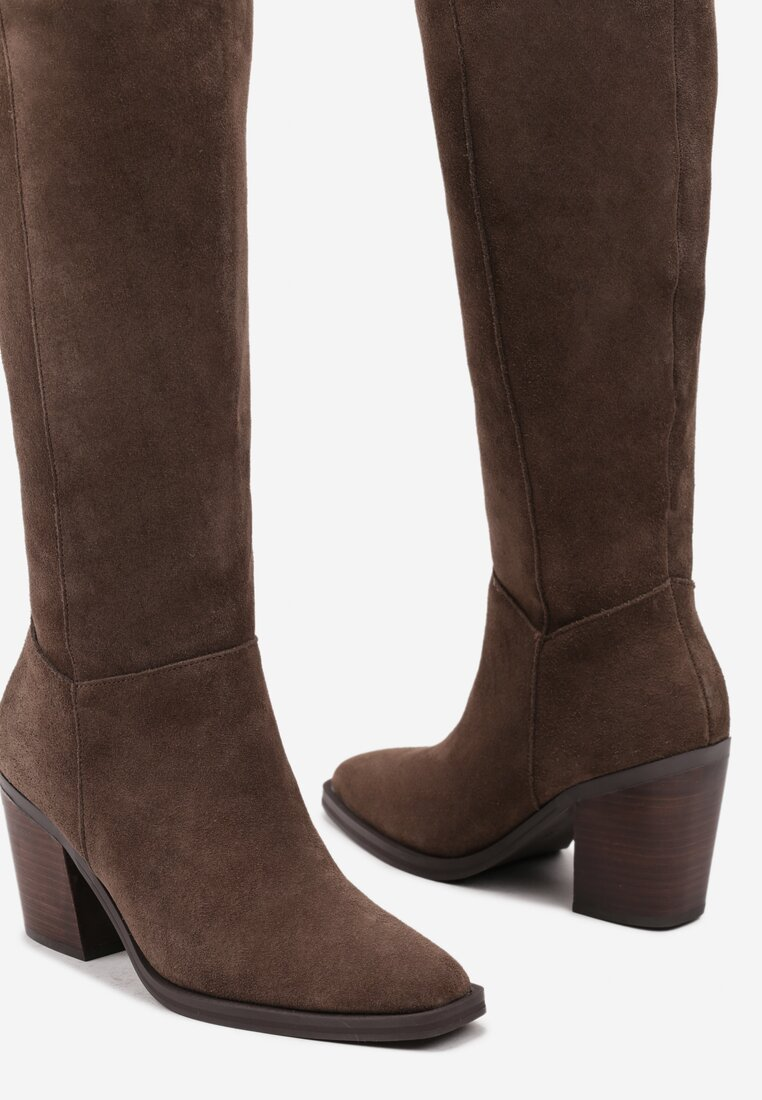 Bottes Taupe à talon bloc, en cuir suédé