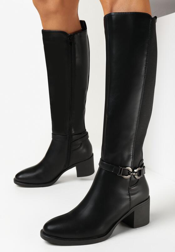 Bottes cavalières à talon carré avec bride, Noire