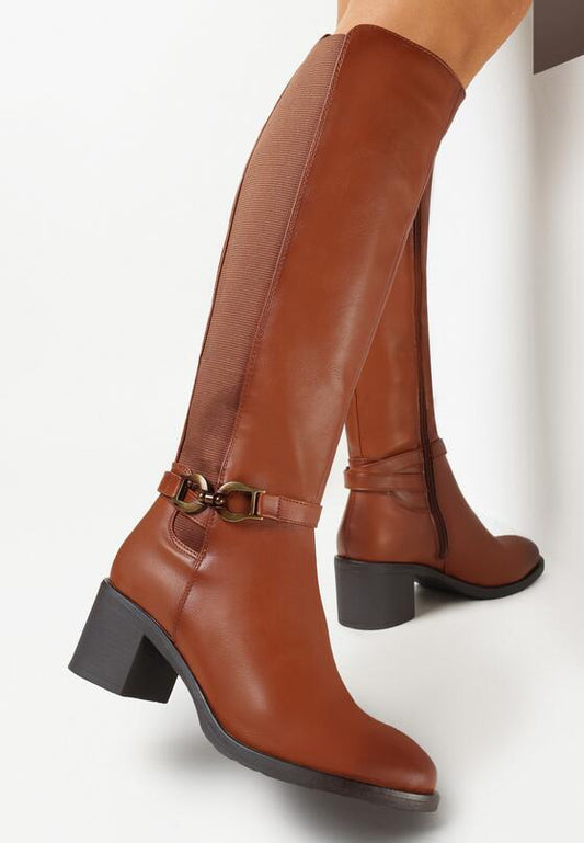 Bottes cavalières à talon carré avec bride, Cognac