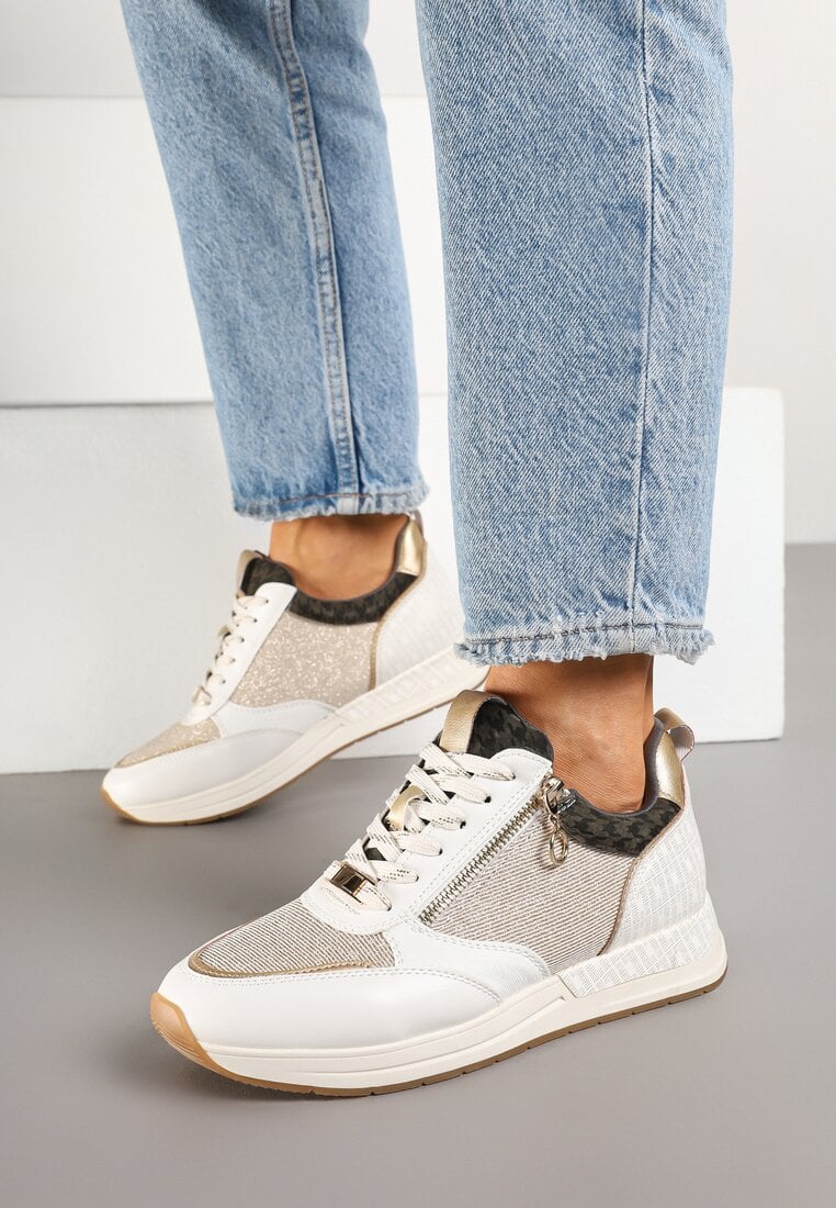 Baskets femmes à lacets avec paillettes, Beige