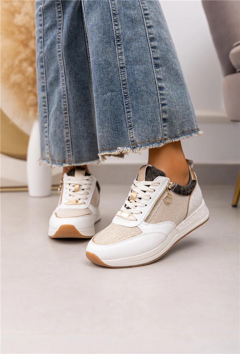 Baskets femmes à lacets avec paillettes, Beige