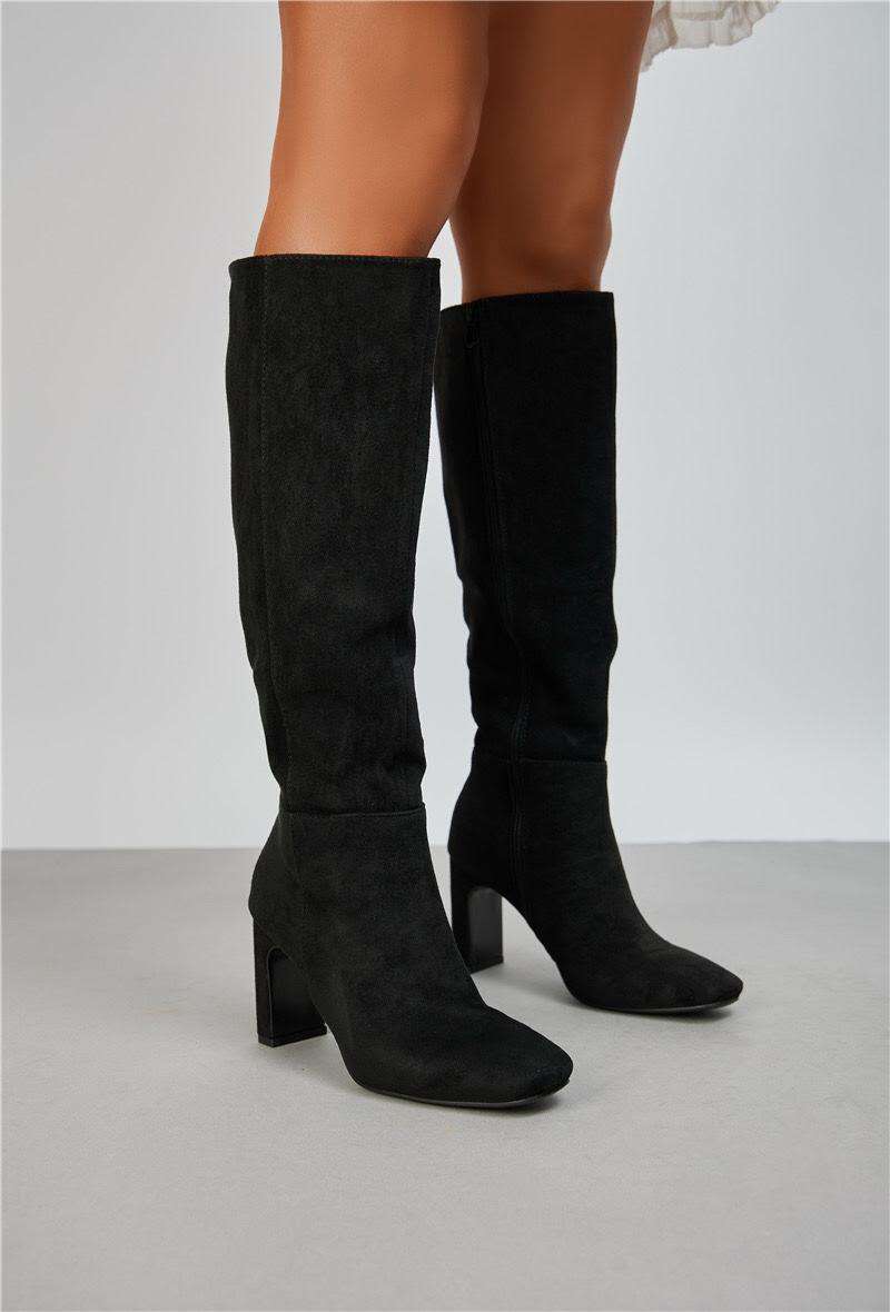 Bottes à talons bloc en suédine, Noir