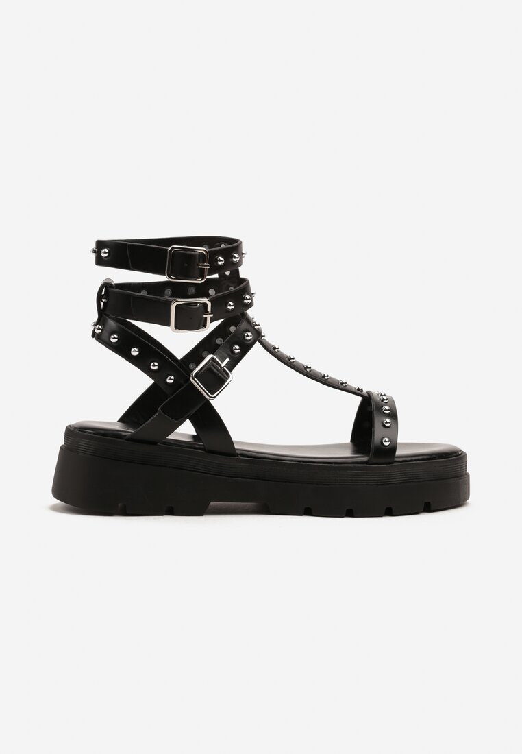 Sandale femme plateforme spartiate avec clous, noire