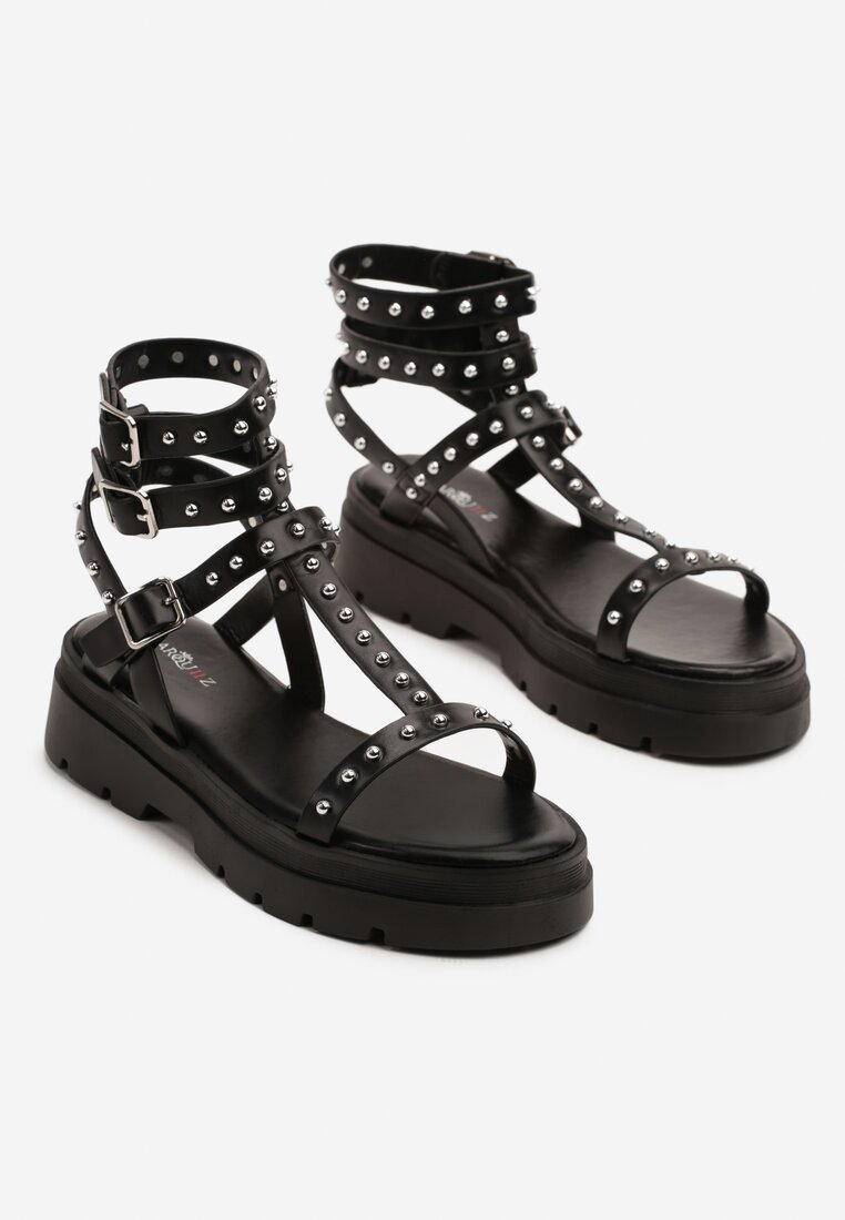 Sandale femme plateforme spartiate avec clous, noire