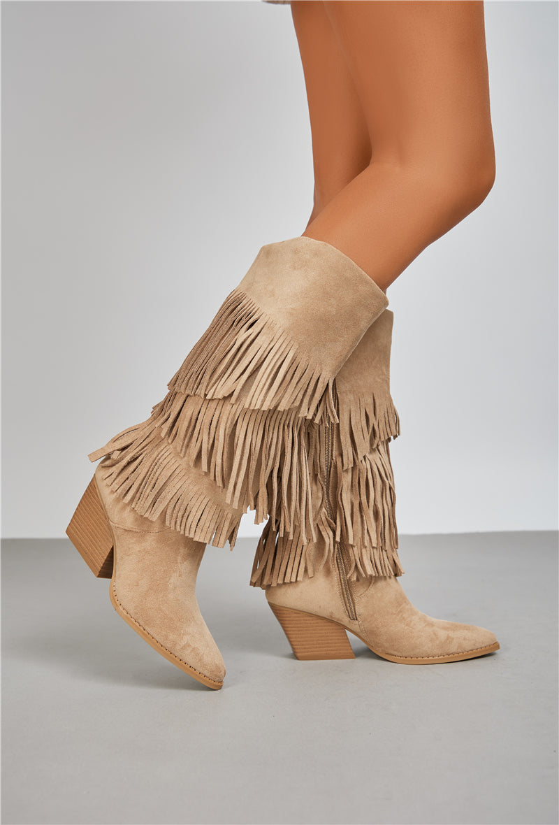 Botte Santiags style Cowboy à franges, Taupe