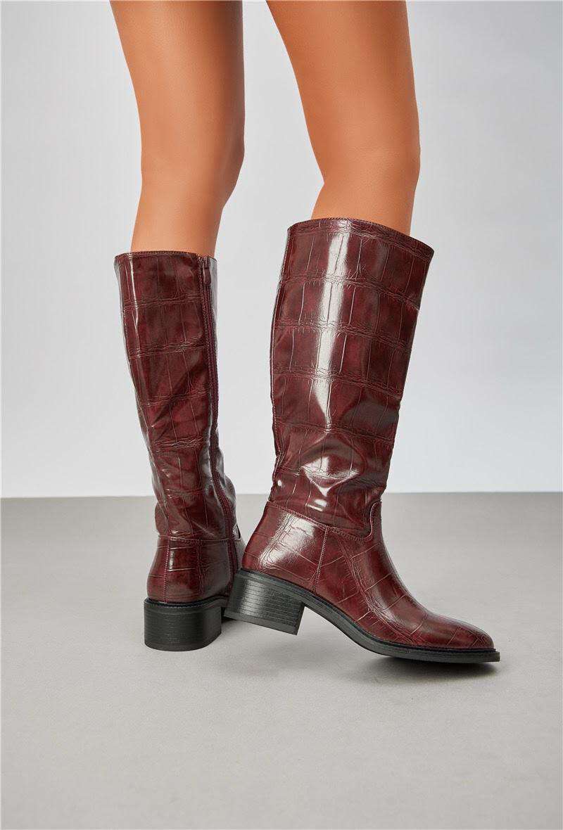 Bottes à petit talon en similicuir effet croco, bordeaux