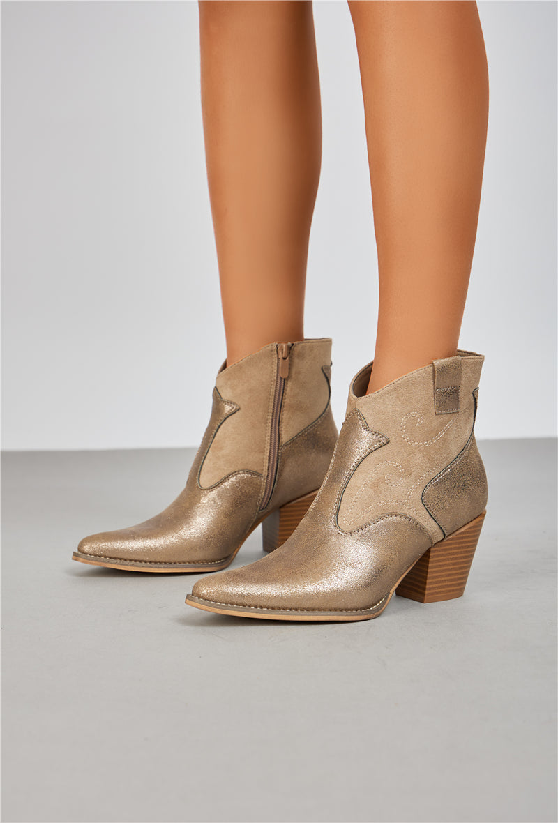 Bottine femme style Santiags effet métallisé, Taupe