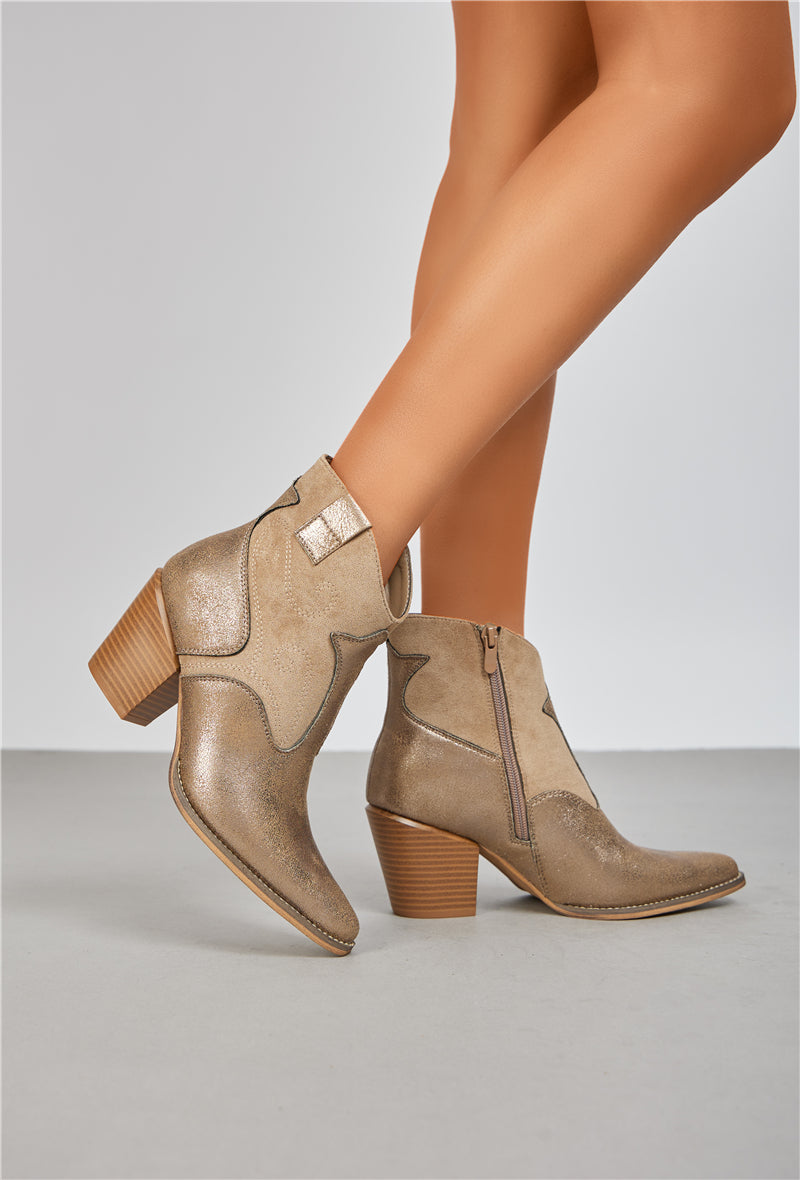 Bottine femme style Santiags effet métallisé, Taupe