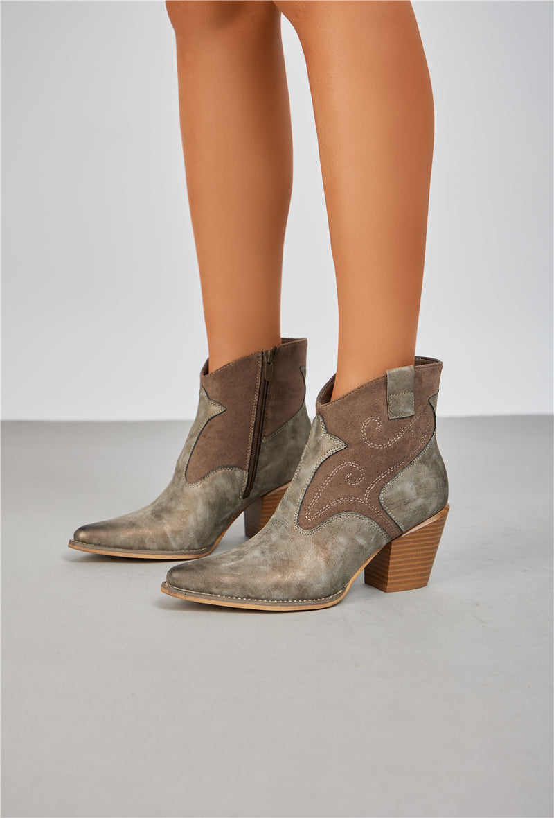 Bottine femme style Santiags effet métallisé, Kaki
