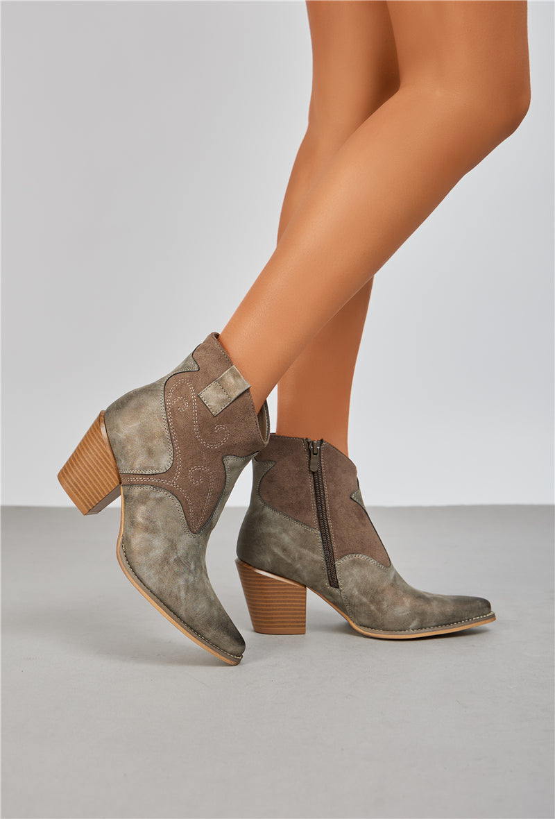Bottine femme style Santiags effet métallisé, Kaki