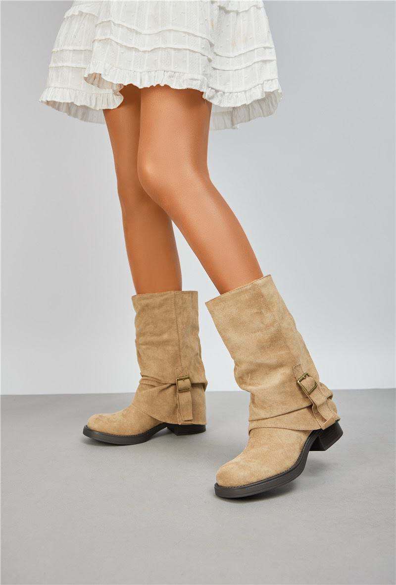 Biker boots guêtre avec boucle semelle crantée, Taupe
