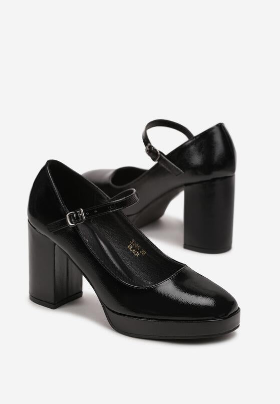 Escarpins plateforme à bout et talons carré, Noir Vernis