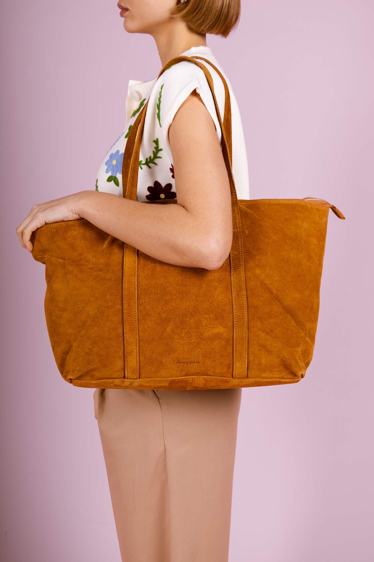 Sac Cabas en cuir FRANCESCA SUEDE - Cognac
