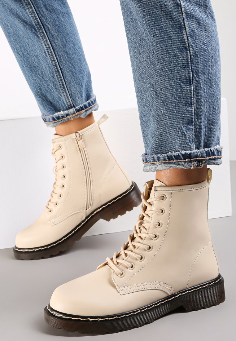 Bottines femmes plates à lacets, Beige