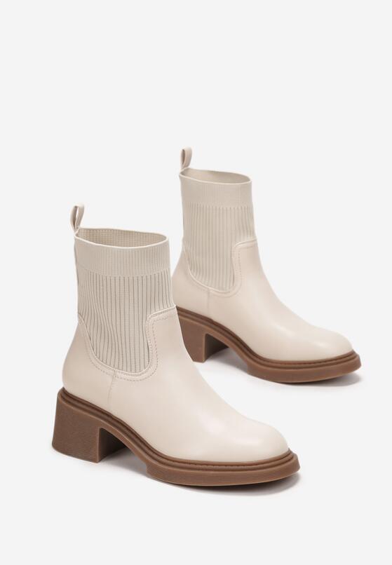 Bottine Chaussette à talons, semelle crantée, Beige écru