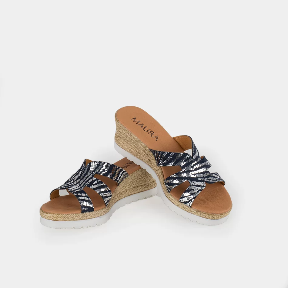 Mules femmes compensées, Bleu doré