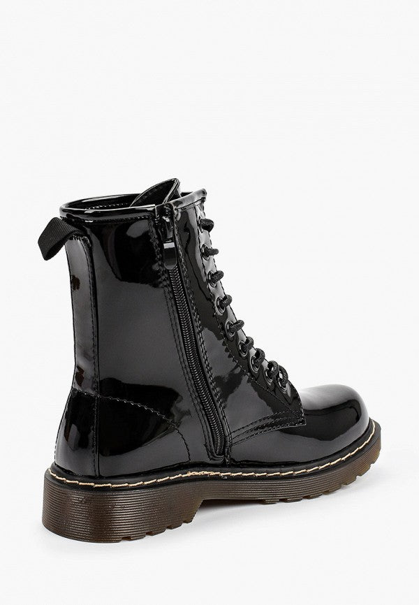 Bottines femmes plates à lacets, Noir Vernis