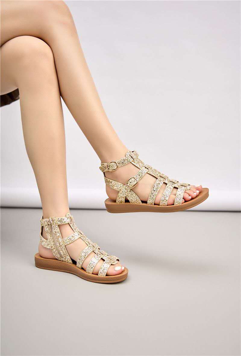 Sandales femmes spartiate à semelle crantée, Doré