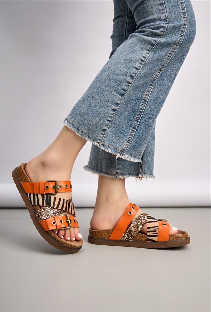 Mules avec bride motif léopard semelle effet liège