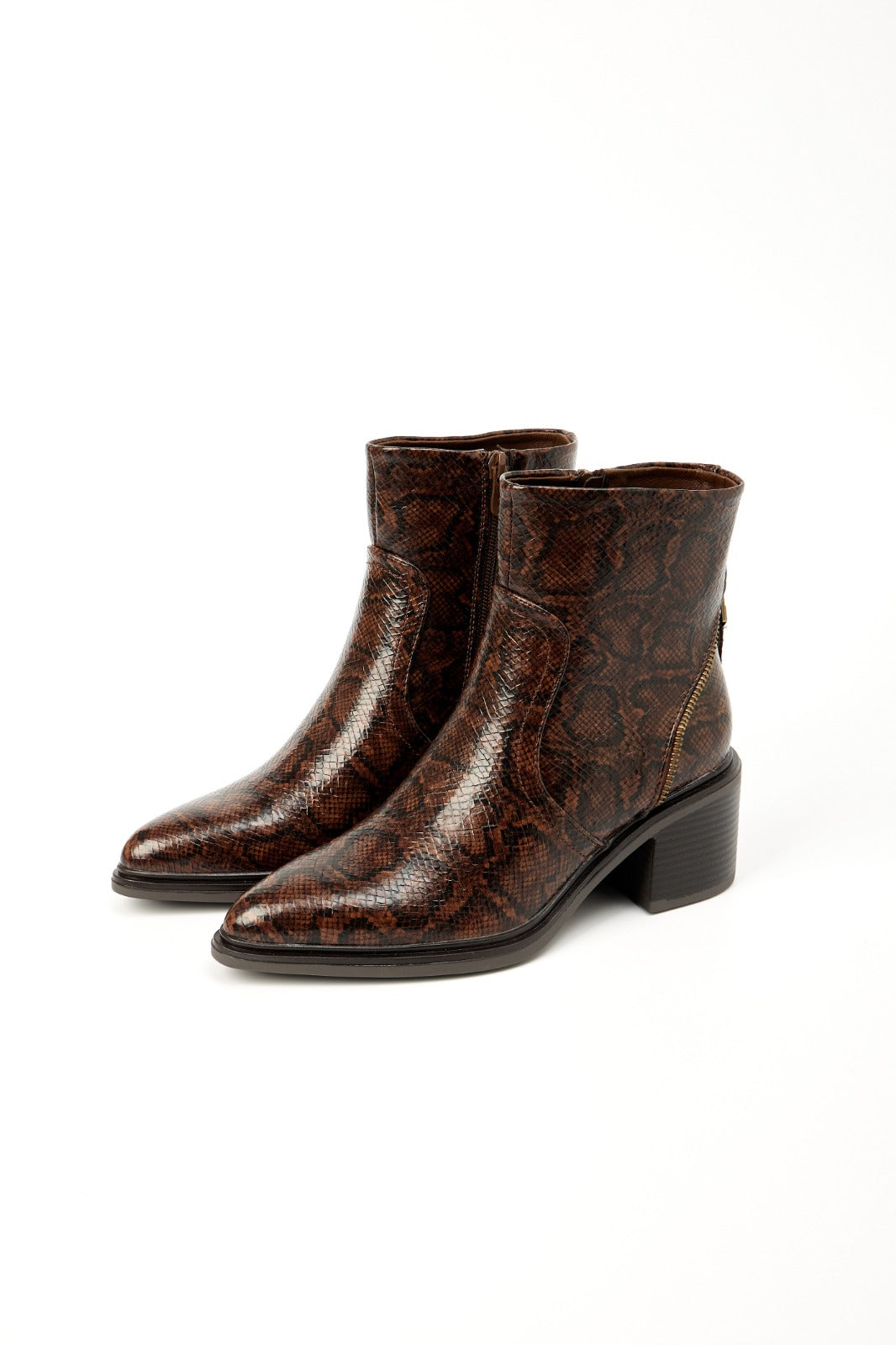 Bottines Marron à talon en similicuir effet serpent