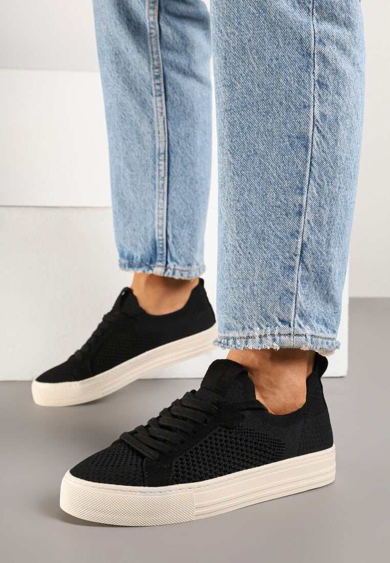 Baskets plates à lacet en tissu perforé, Noir