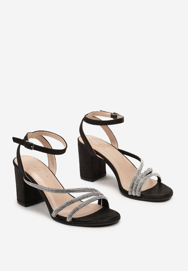 Sandales Noires à Talon carré et lanières strass