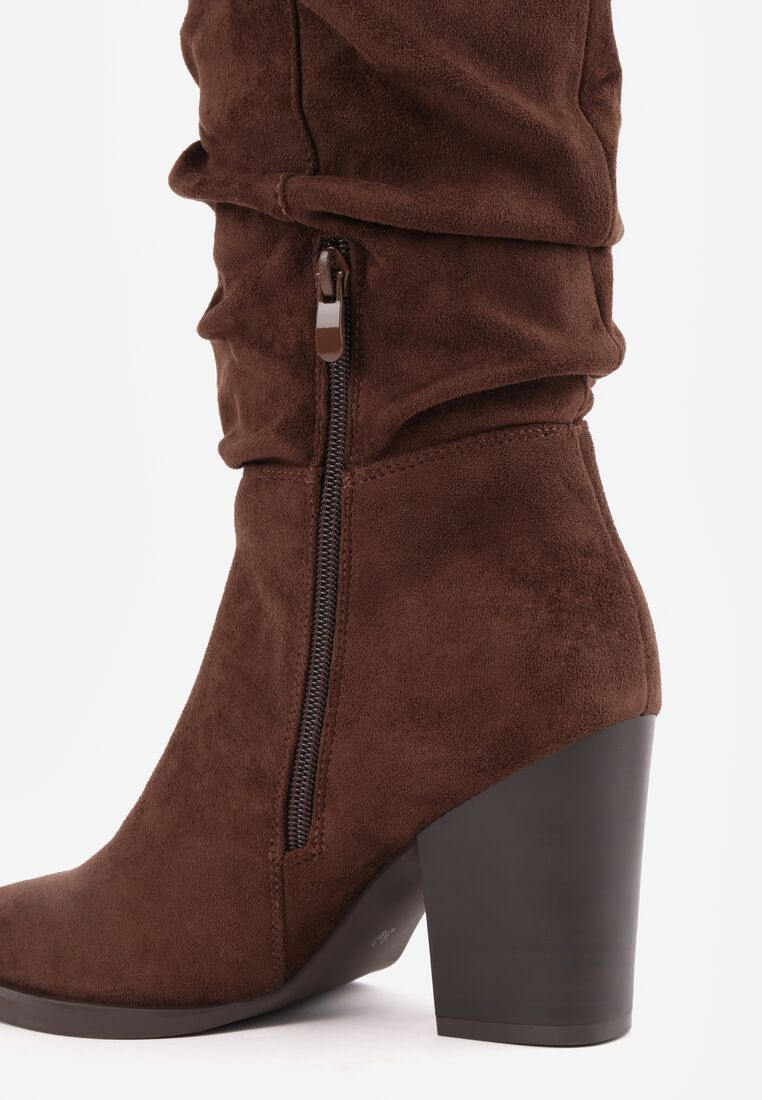 Bottes bout pointu effet plissé à talon bloc - marron