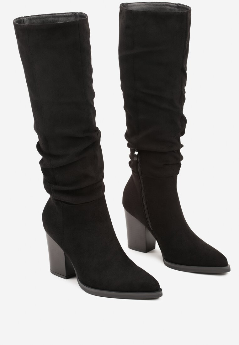 Bottes bout pointu effet plissé à talon bloc, Noir