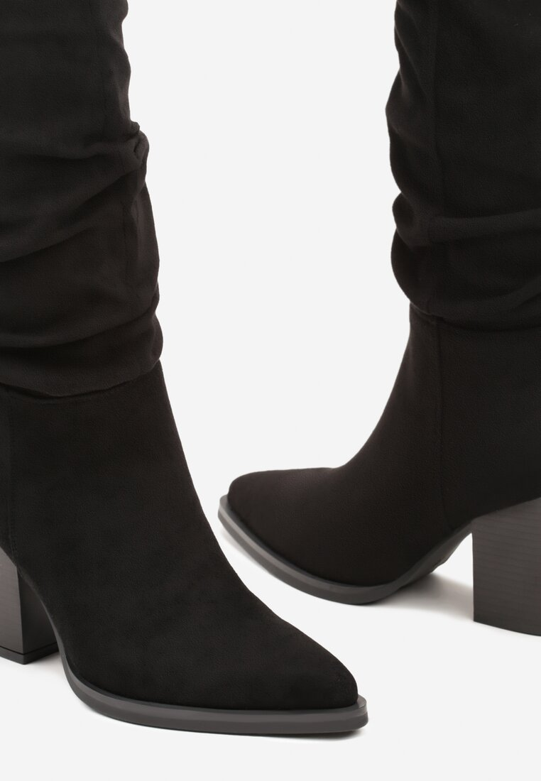 Bottes bout pointu effet plissé à talon bloc, Noir