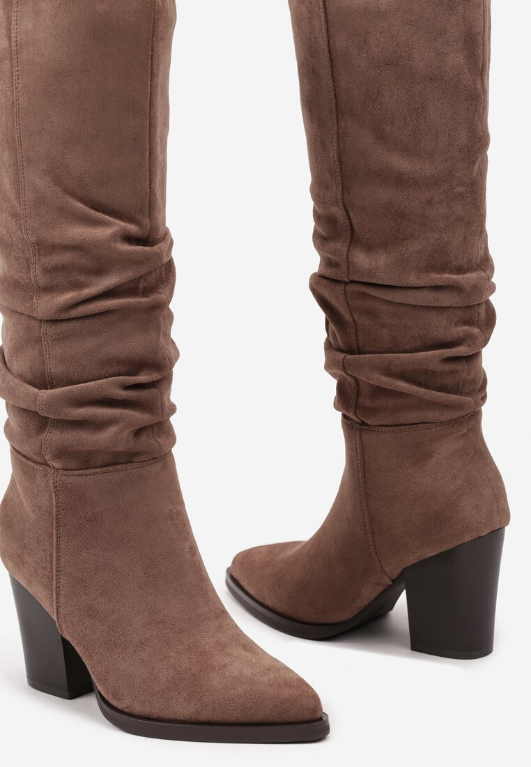 Bottes bout pointu effet plissé à talon bloc, Taupe