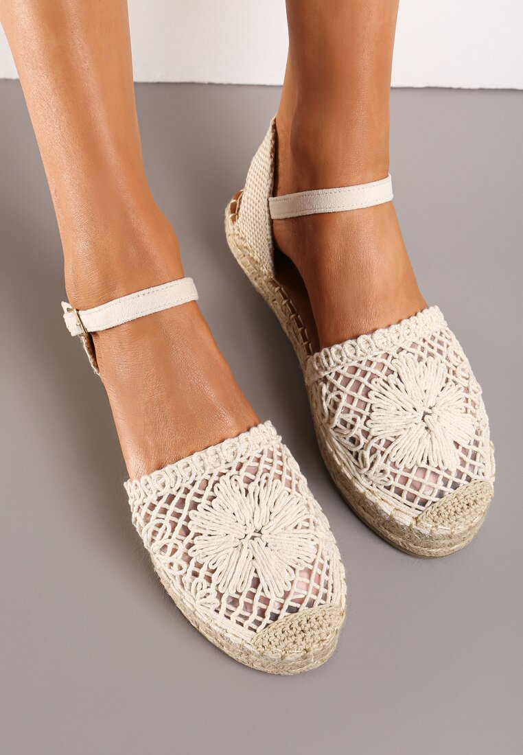 Espadrille dentelle à bride avec motif florale, beige