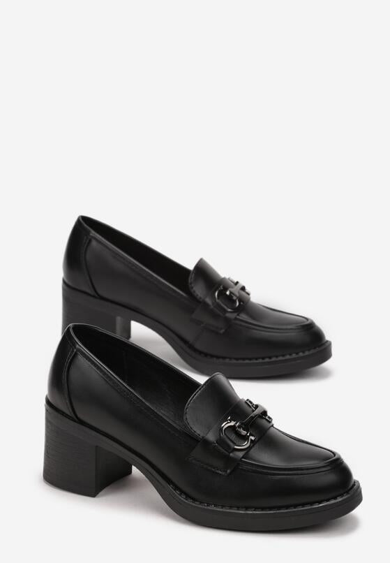 Mocassins femmes noires à talon carré avec boucle