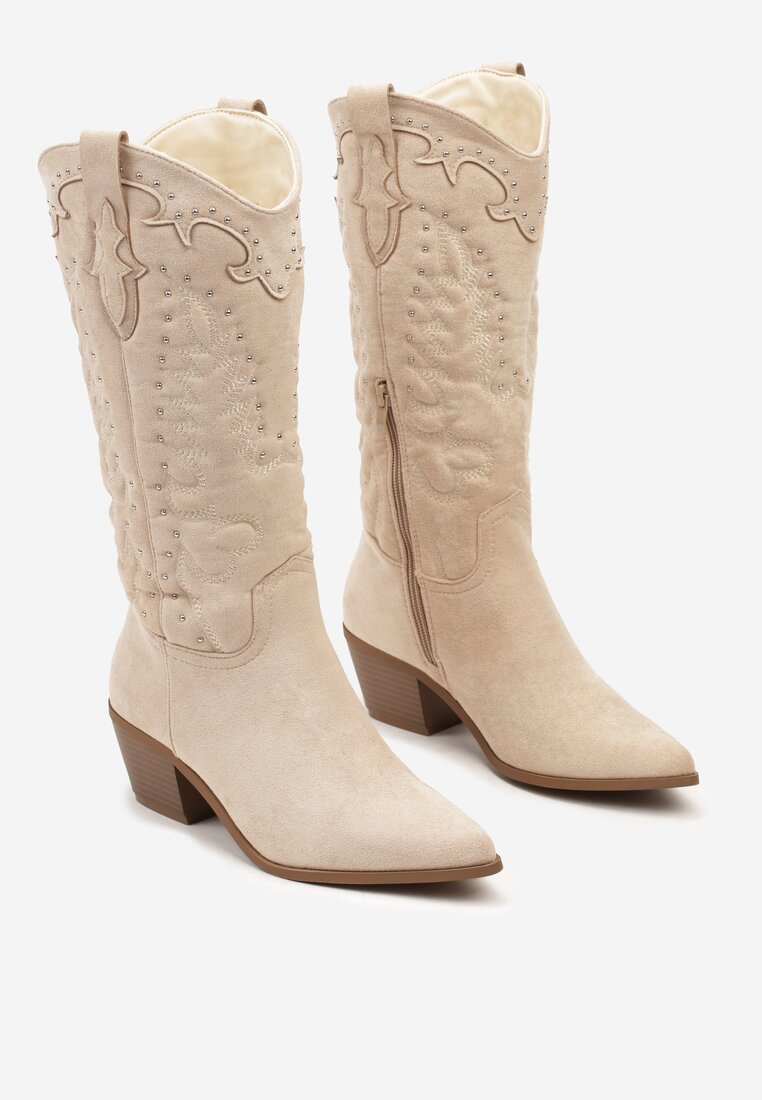 Bottes Santiags suédine cloutés style Cowboy, Beige