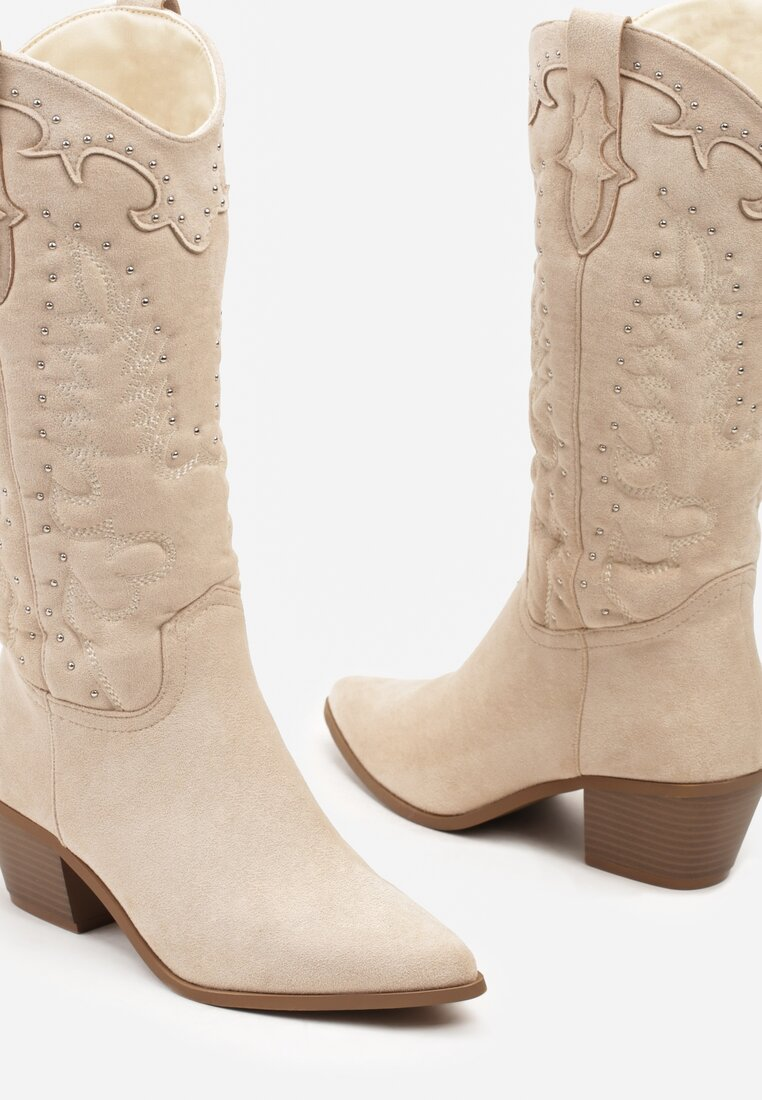 Bottes Santiags suédine cloutés style Cowboy, Beige