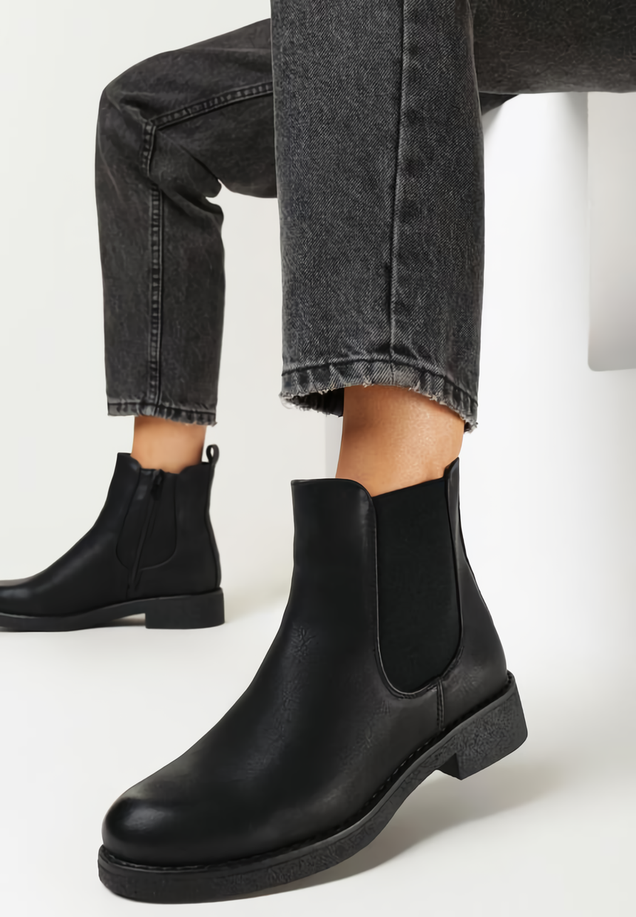 Boots Chelsea femme Noir, talon plat