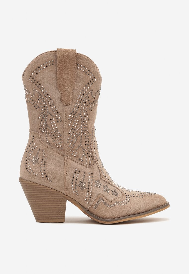 Boots Santiags mi-mollets à strass, Taupe
