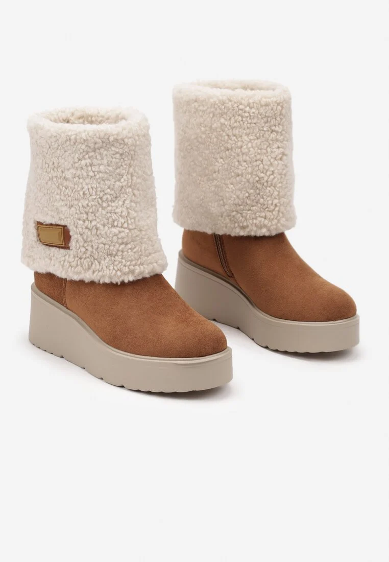 Bottes Bottines compensées fourrées plateforme, Camel